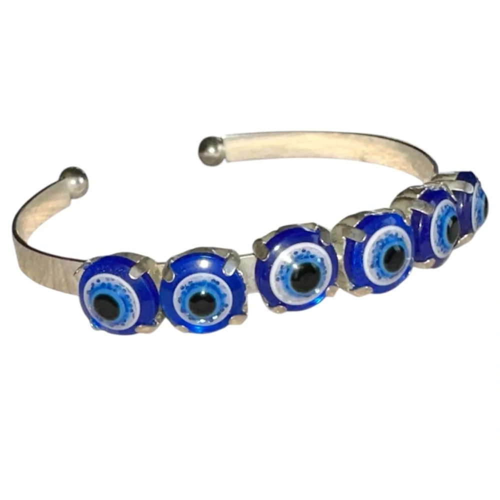 Silver Blue Evil Eye Adjustable Cuff Bracelet Bohemian Spiritual Ojo Protection